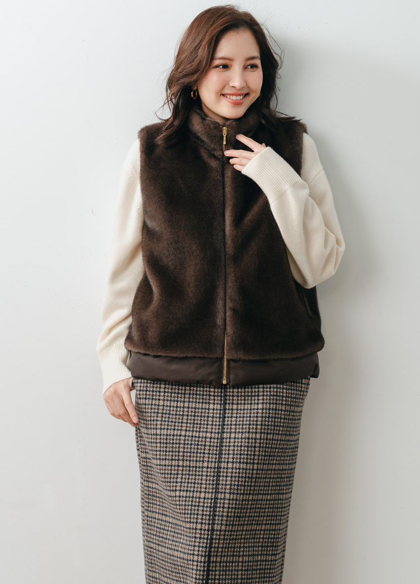 仿毛拼接鋪棉背心 